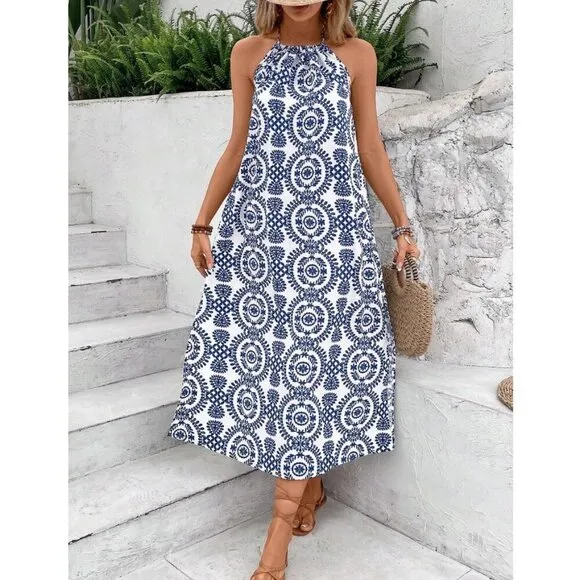 high slit maxi dress halter neck minimalist boho maxi dress blue paisley
