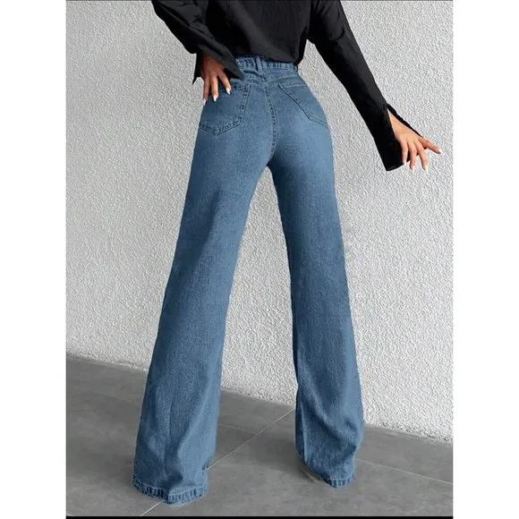 high waisted wide leg flared denim jeans black