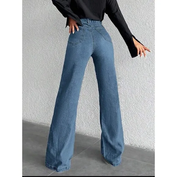 high waisted wide leg flared denim jeans black