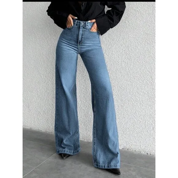 high waisted wide leg flared denim jeans black