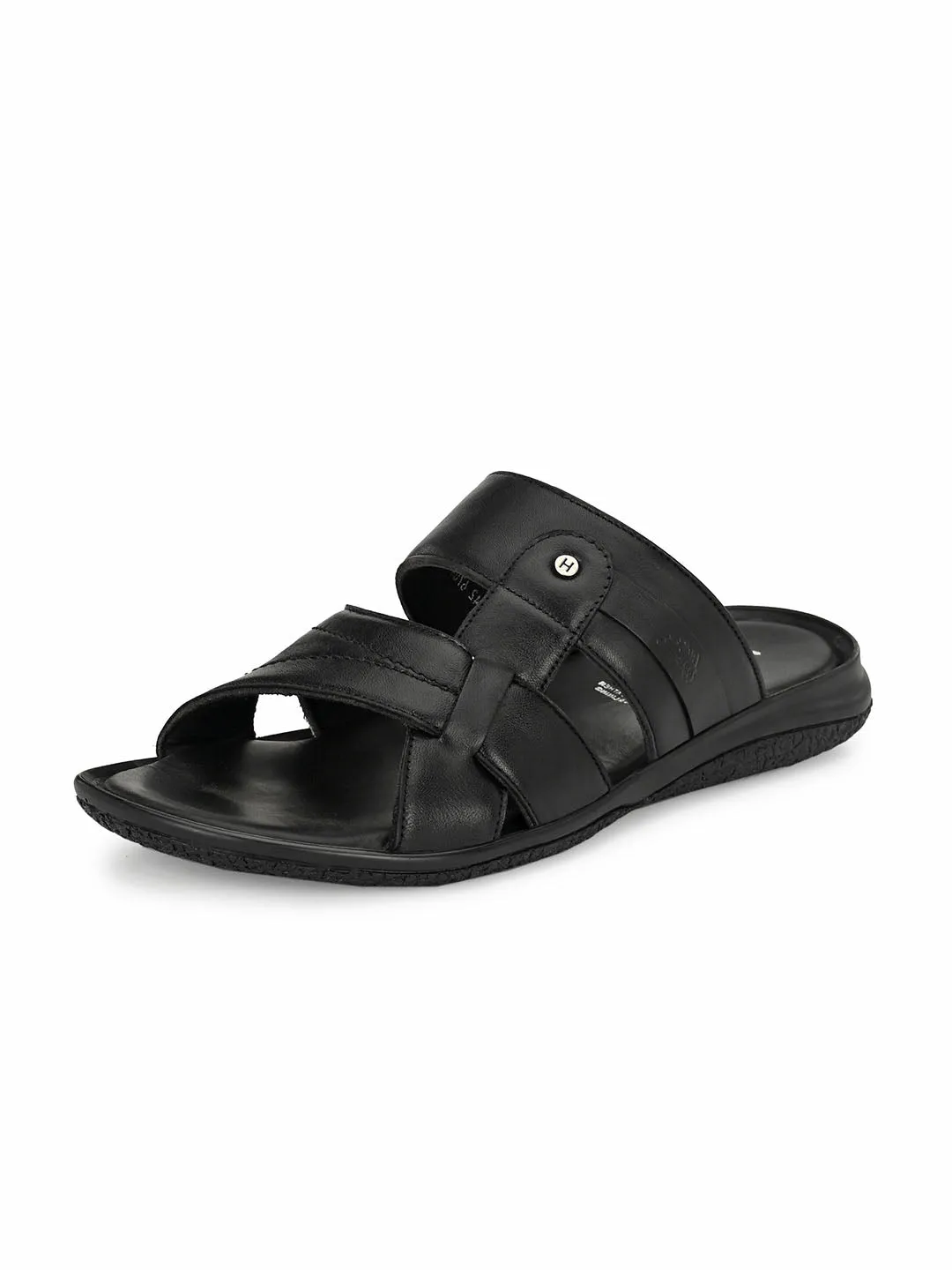 Hitz Men's Black Leather Open Toe Slippers