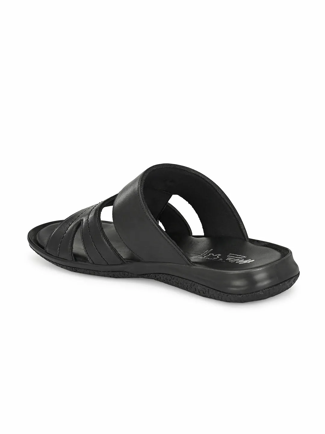 Hitz Men's Black Leather Open Toe Slippers