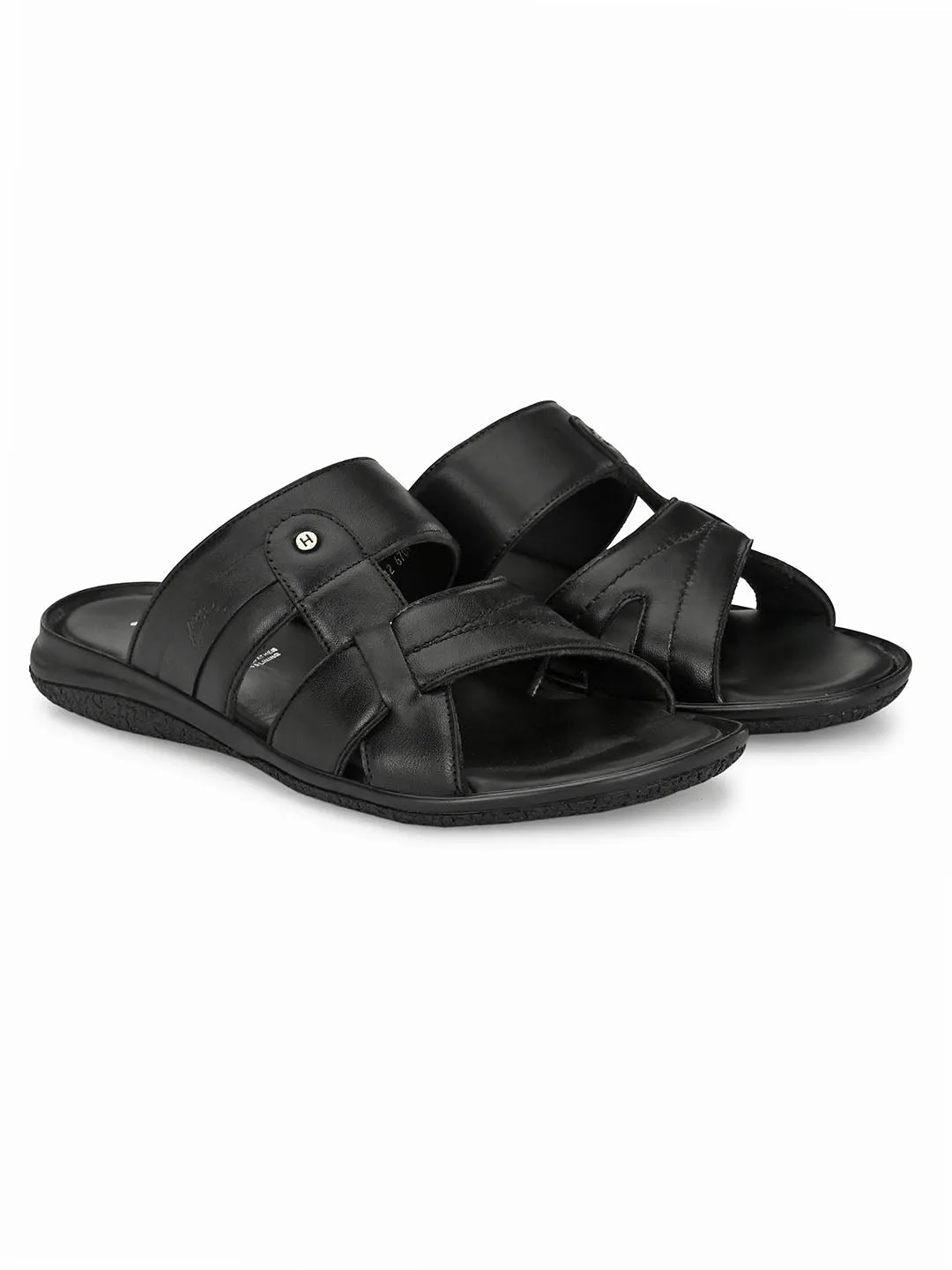 Hitz Men's Black Leather Open Toe Slippers