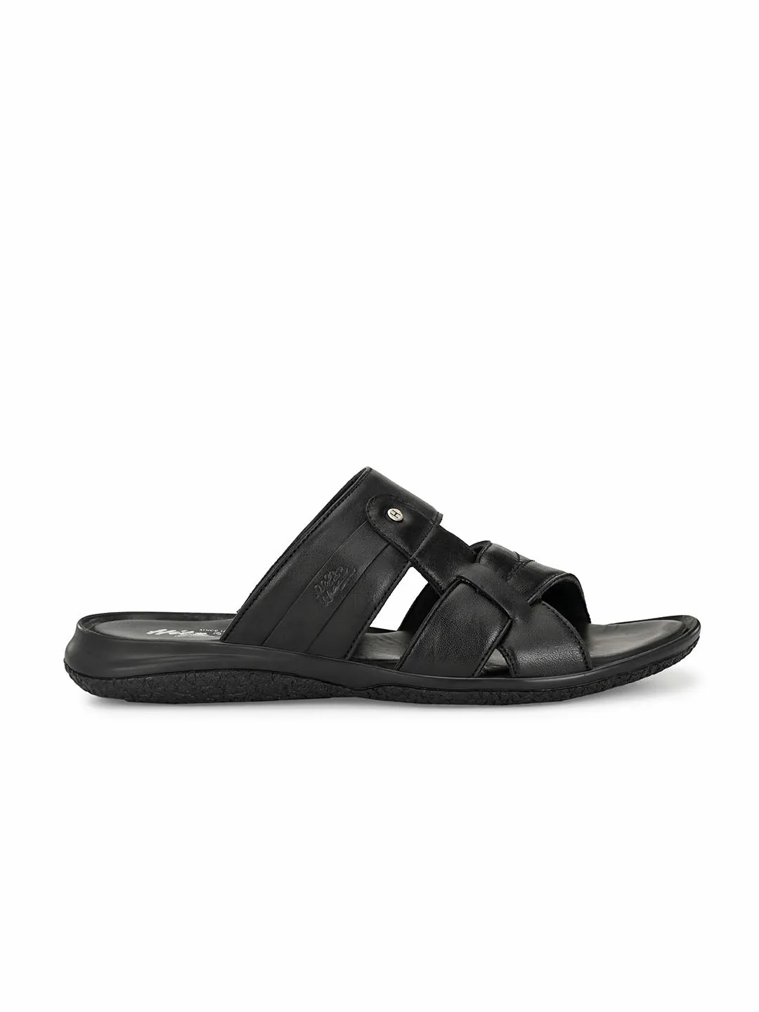 Hitz Men's Black Leather Open Toe Slippers