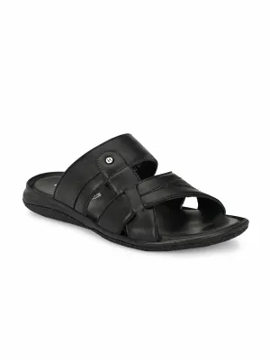 Hitz Men's Black Leather Open Toe Slippers