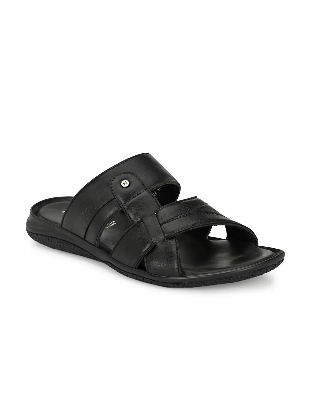 Hitz Men's Black Leather Open Toe Slippers