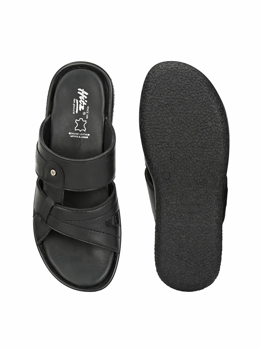 Hitz Men's Black Leather Open Toe Slippers