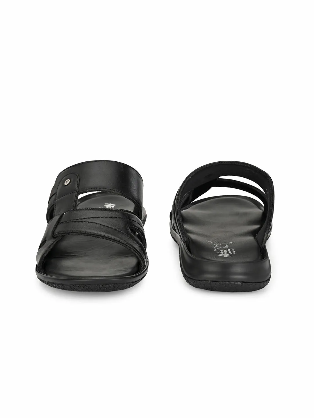 Hitz Men's Black Leather Open Toe Slippers