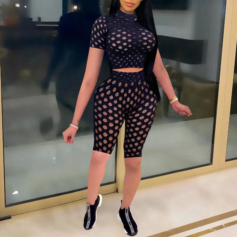 Hollow Out Short Sleeve Crop Top & Slim Pants Set
