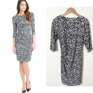J. McLaughlin Black White Marble Print 3/4 Sleeves Ruched Sage Dress Small