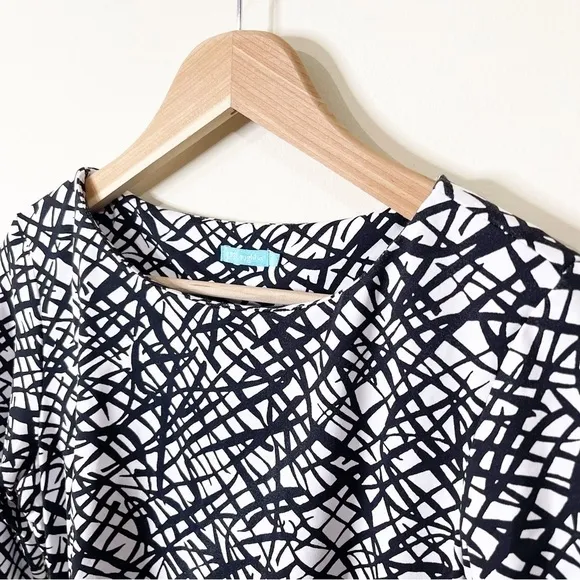 J. McLaughlin Black White Marble Print 3/4 Sleeves Ruched Sage Dress Small
