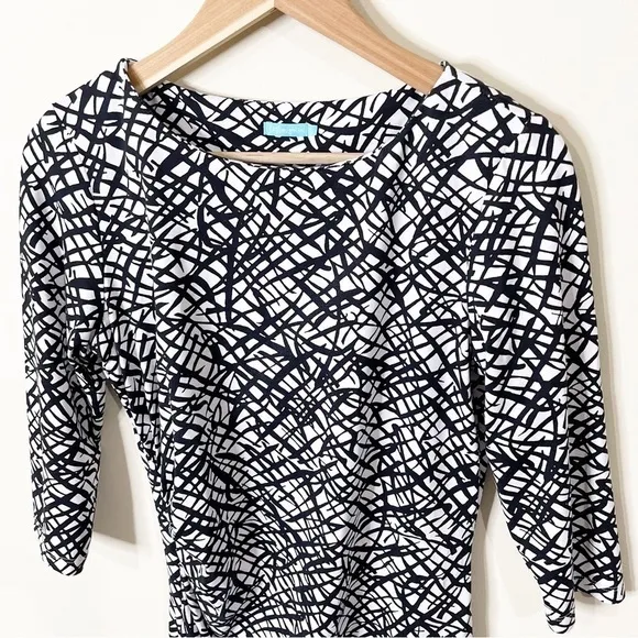 J. McLaughlin Black White Marble Print 3/4 Sleeves Ruched Sage Dress Small