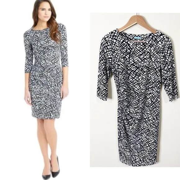 J. McLaughlin Black White Marble Print 3/4 Sleeves Ruched Sage Dress Small