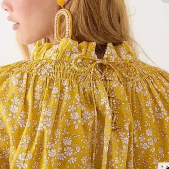 J.Crew Yellow High Neck Liberty Print Floral Ruffle Self Tie 100% Cotton Size XS