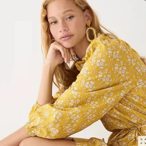 J.Crew Yellow High Neck Liberty Print Floral Ruffle Self Tie 100% Cotton Size XS