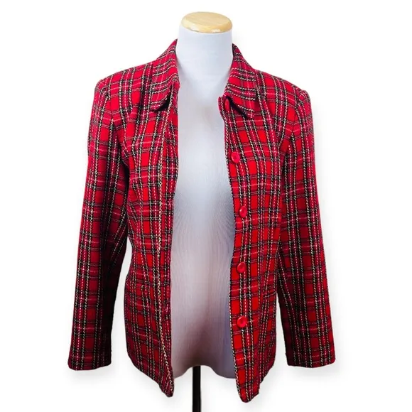 JOAN LESLIE Vintage Red Plaid Blazer Jacket Womens 8 Petite Holiday 1980 Acrylic
