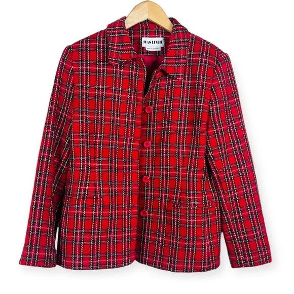 JOAN LESLIE Vintage Red Plaid Blazer Jacket Womens 8 Petite Holiday 1980 Acrylic