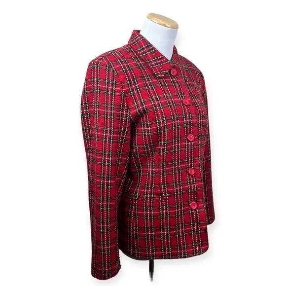 JOAN LESLIE Vintage Red Plaid Blazer Jacket Womens 8 Petite Holiday 1980 Acrylic