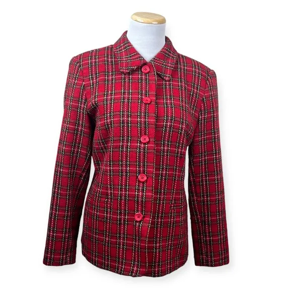 JOAN LESLIE Vintage Red Plaid Blazer Jacket Womens 8 Petite Holiday 1980 Acrylic