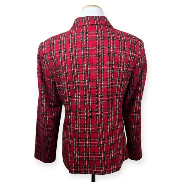 JOAN LESLIE Vintage Red Plaid Blazer Jacket Womens 8 Petite Holiday 1980 Acrylic
