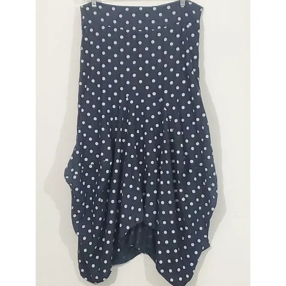 Lagenlook Med Luca Vanucci Linen Blue White Polka Dot Midi Skirt