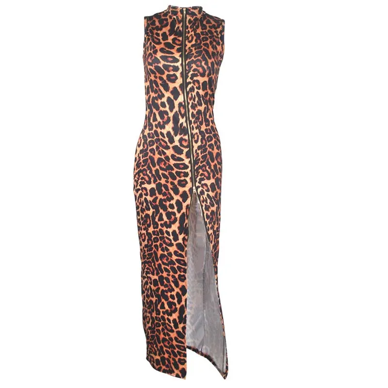 Leopard Print Sleeveless Zipper Design High Slit Maxi Dress