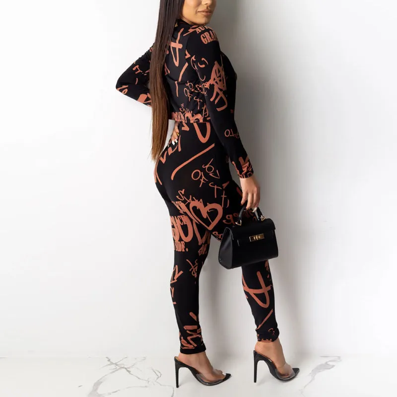Letter Long Sleeve Zipper Design Coat & Jumpsuit Set