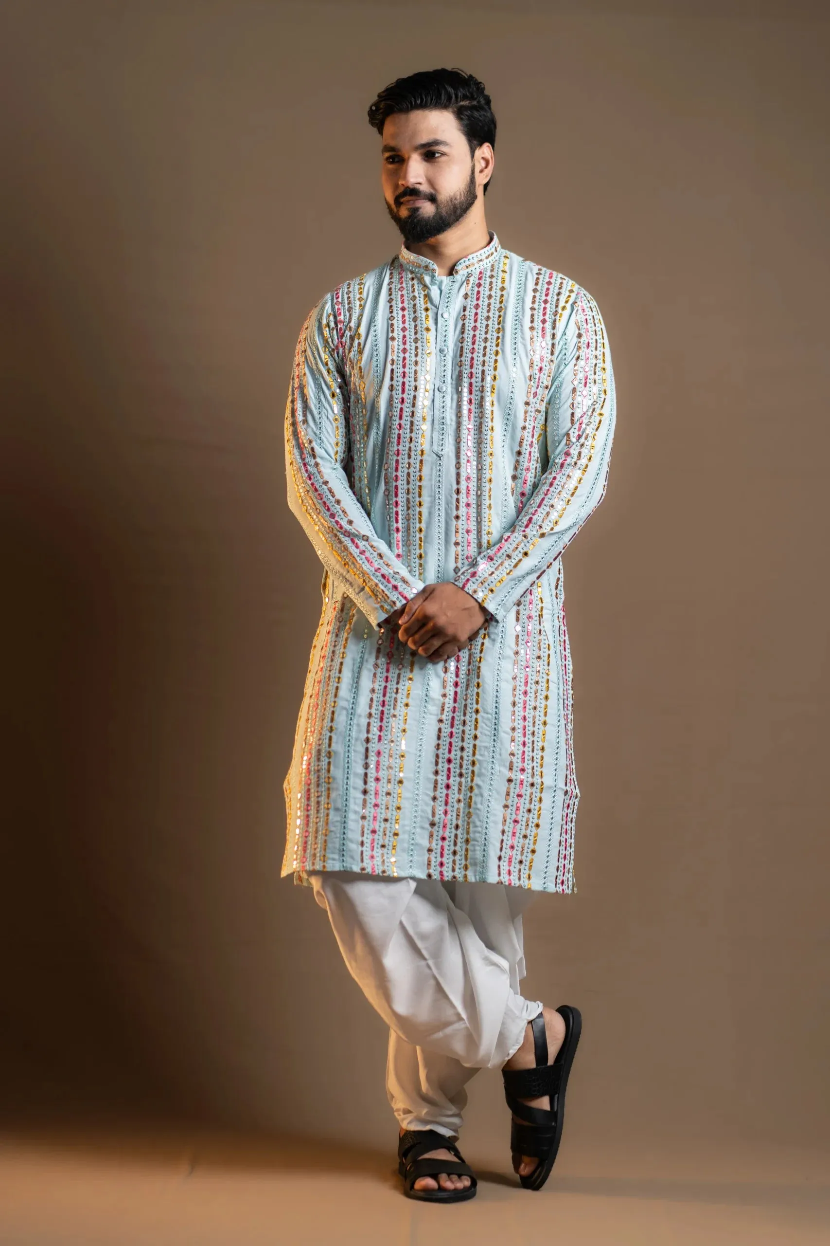 Light Blue Kurta and Plain White Pyjama for Men