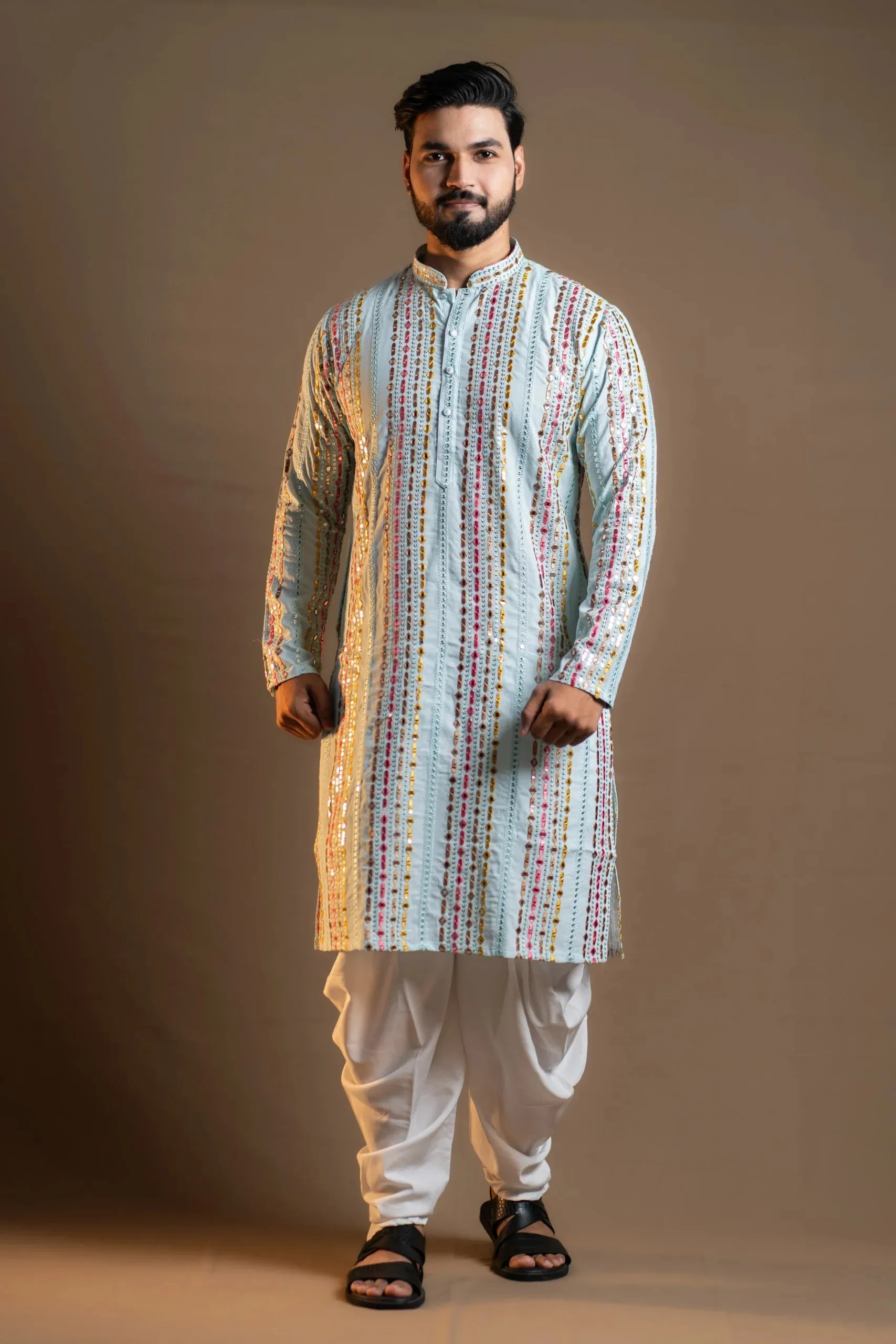 Light Blue Kurta and Plain White Pyjama for Men