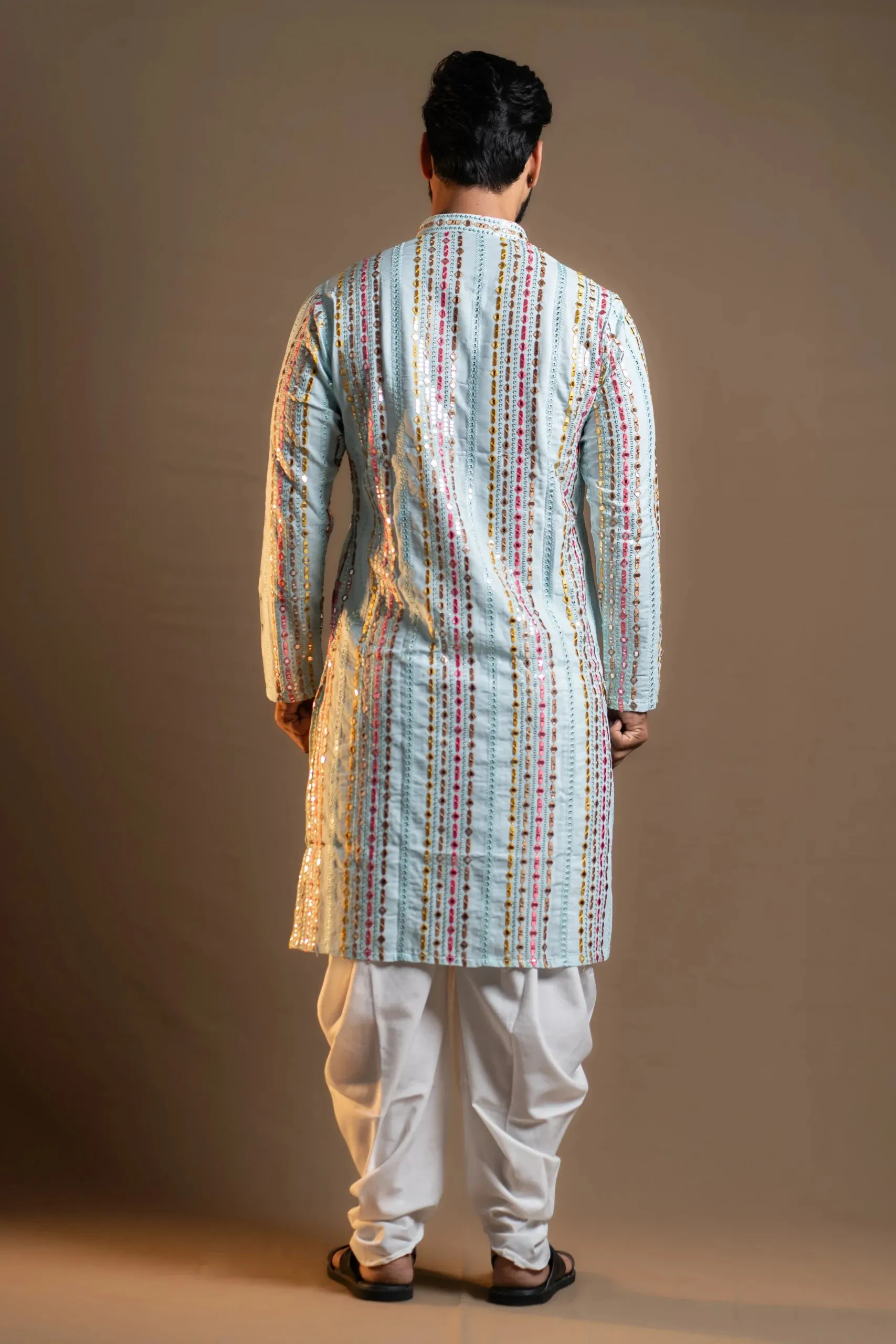 Light Blue Kurta and Plain White Pyjama for Men