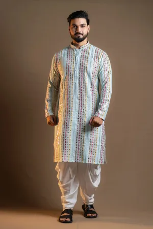 Light Blue Kurta and Plain White Pyjama for Men