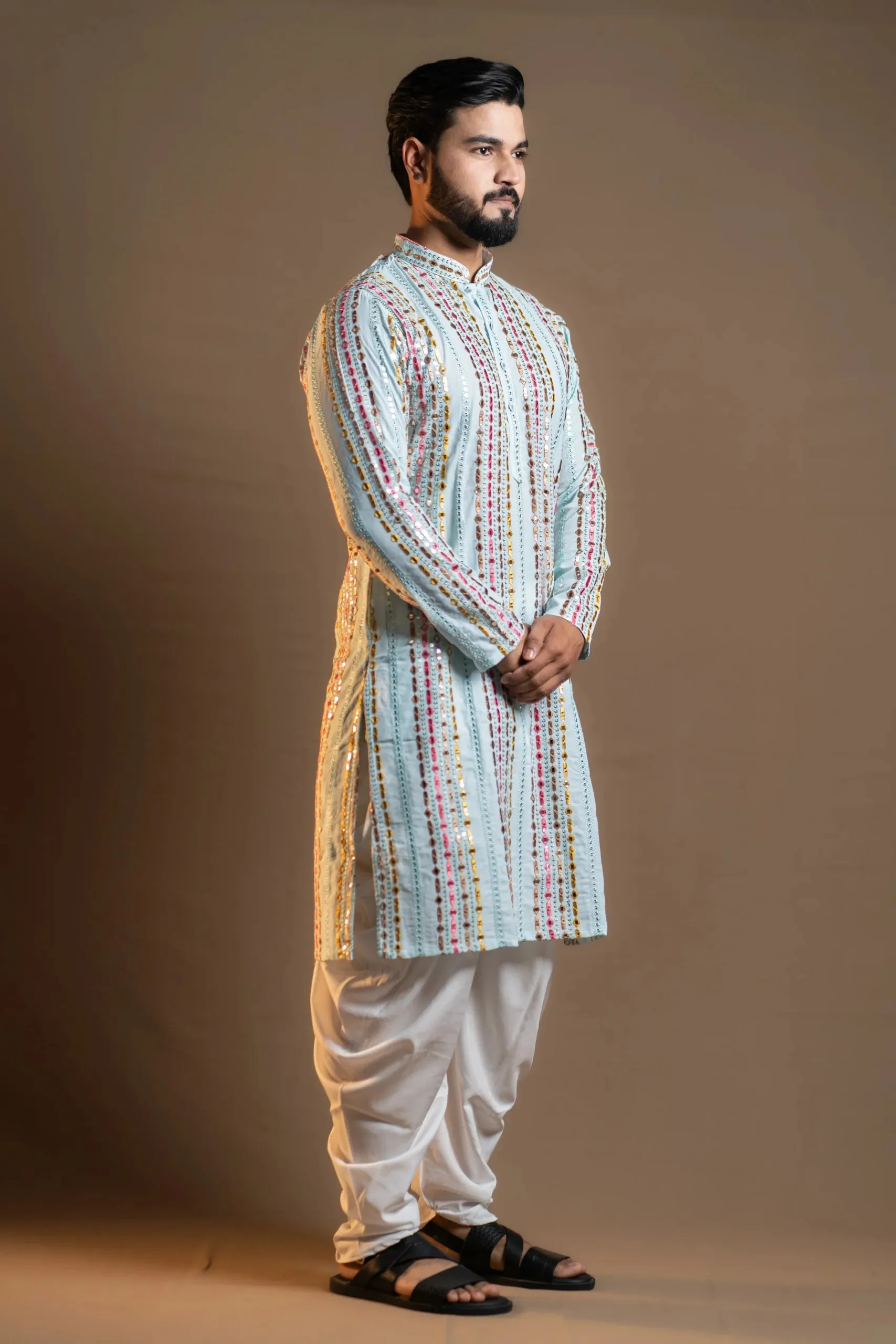 Light Blue Kurta and Plain White Pyjama for Men