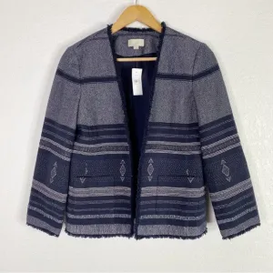 LOFT Navy Blue Patterned Tweed Open Front Blazer Jacket