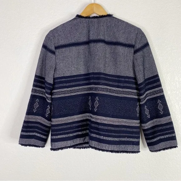 LOFT Navy Blue Patterned Tweed Open Front Blazer Jacket