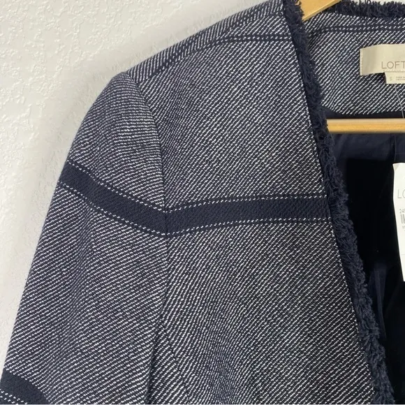 LOFT Navy Blue Patterned Tweed Open Front Blazer Jacket