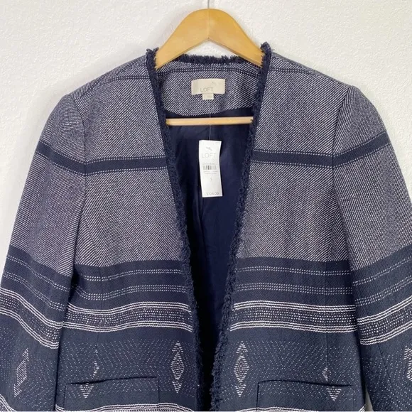 LOFT Navy Blue Patterned Tweed Open Front Blazer Jacket
