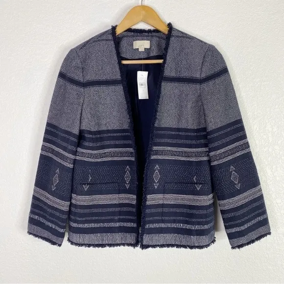 LOFT Navy Blue Patterned Tweed Open Front Blazer Jacket
