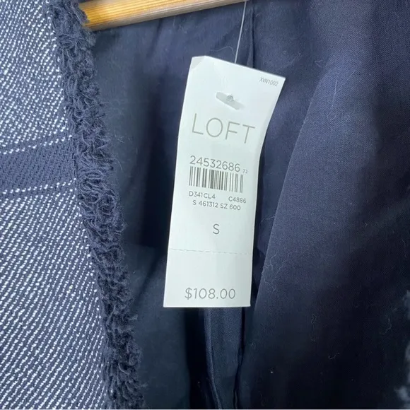 LOFT Navy Blue Patterned Tweed Open Front Blazer Jacket