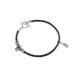 LOUIS MARTIN Sterling Silver 7.5" Skull Bracelet with Black Braid Italian Leather