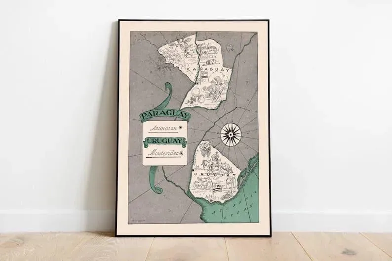 Map of Paraguay and Uruguay 1941| Vintage Map Prints Wall Art