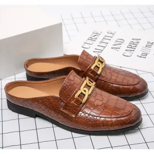 Men Half Shoes Black Slippers Fashion Loafers Leather
