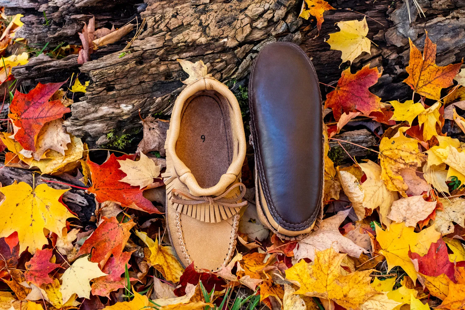 Men's Earthing Moccasins Fringed Moose Hide with Heavy Oil Tan Soles