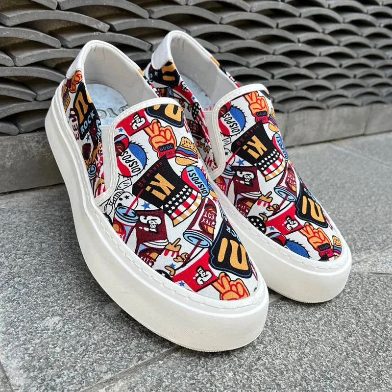 Men's Graffiti Printing Pattern Breathable Casual Slip On Walking Flats
