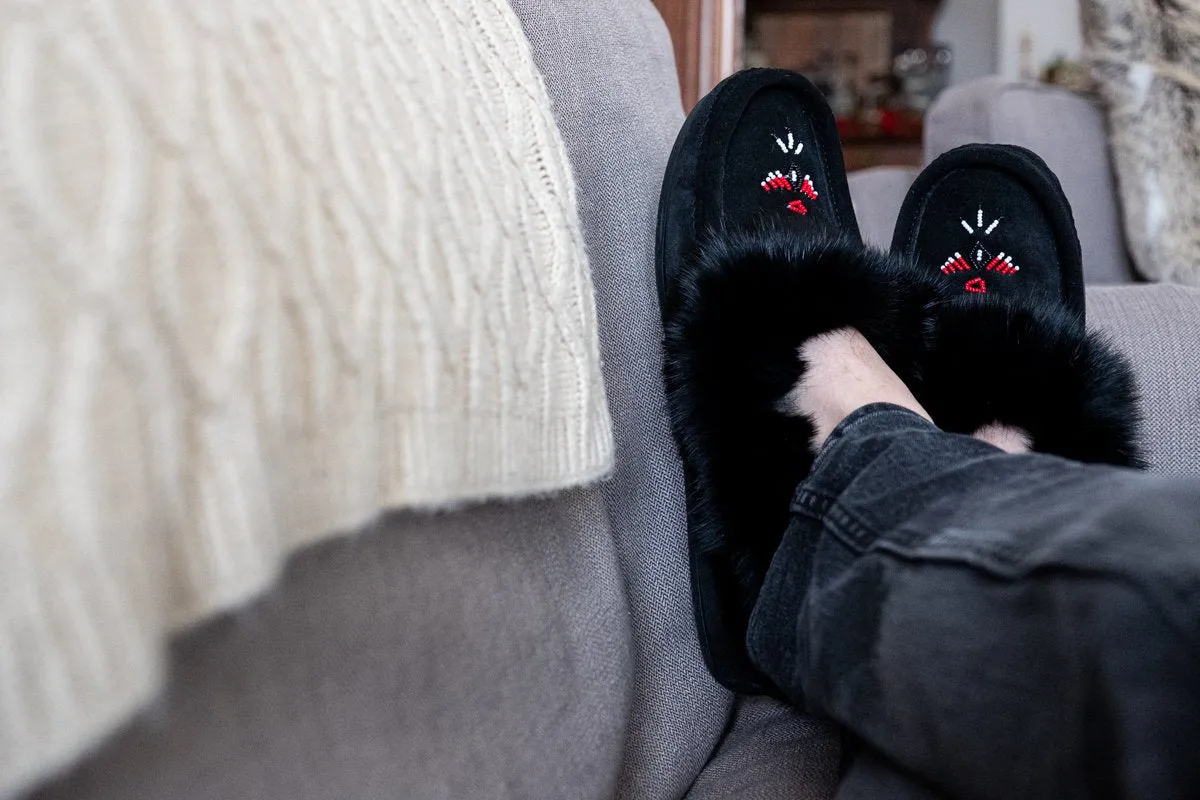 Men's Rabbit Fur Thunderbird Beaded Crepe Sole Moccasins