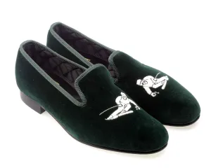 Mens Skier Motif Green Velvet Slipper - UK 9.5