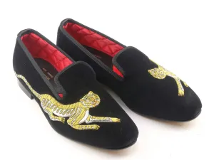 Mens Tiger Motif Black Velvet Slipper - UK 9