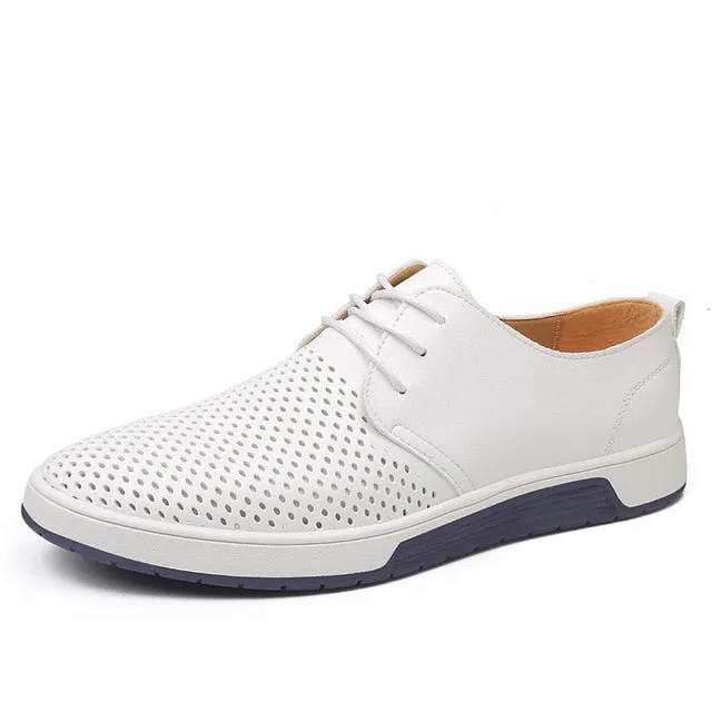 Merkmak Brand Summer Men Leather Casual Shoes Fashion Breathable Holes White Leisure Shoes Flats Big Size 37-48 Driver Footwear