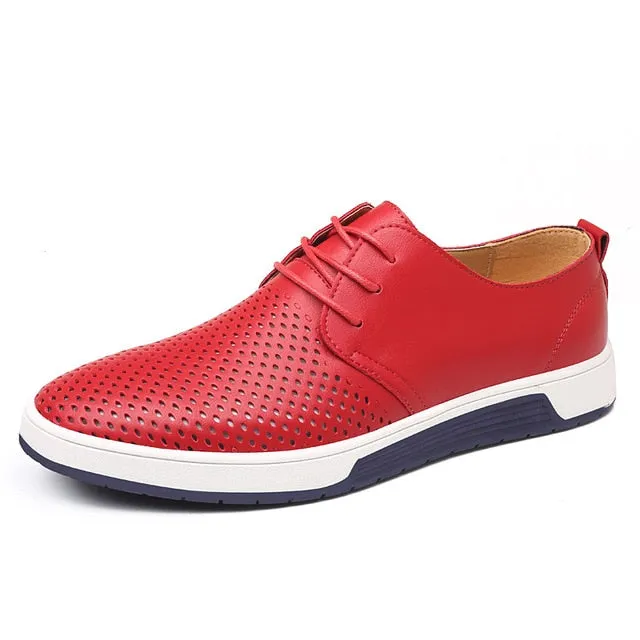 Merkmak Brand Summer Men Leather Casual Shoes Fashion Breathable Holes White Leisure Shoes Flats Big Size 37-48 Driver Footwear