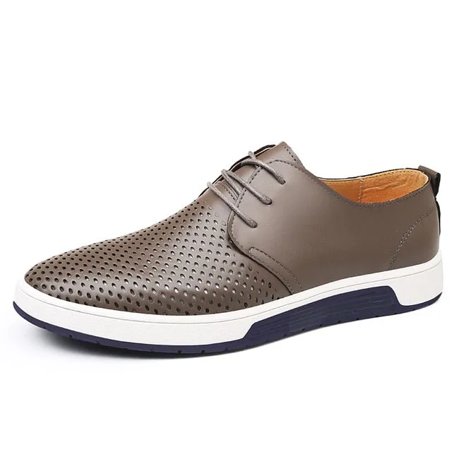 Merkmak Brand Summer Men Leather Casual Shoes Fashion Breathable Holes White Leisure Shoes Flats Big Size 37-48 Driver Footwear