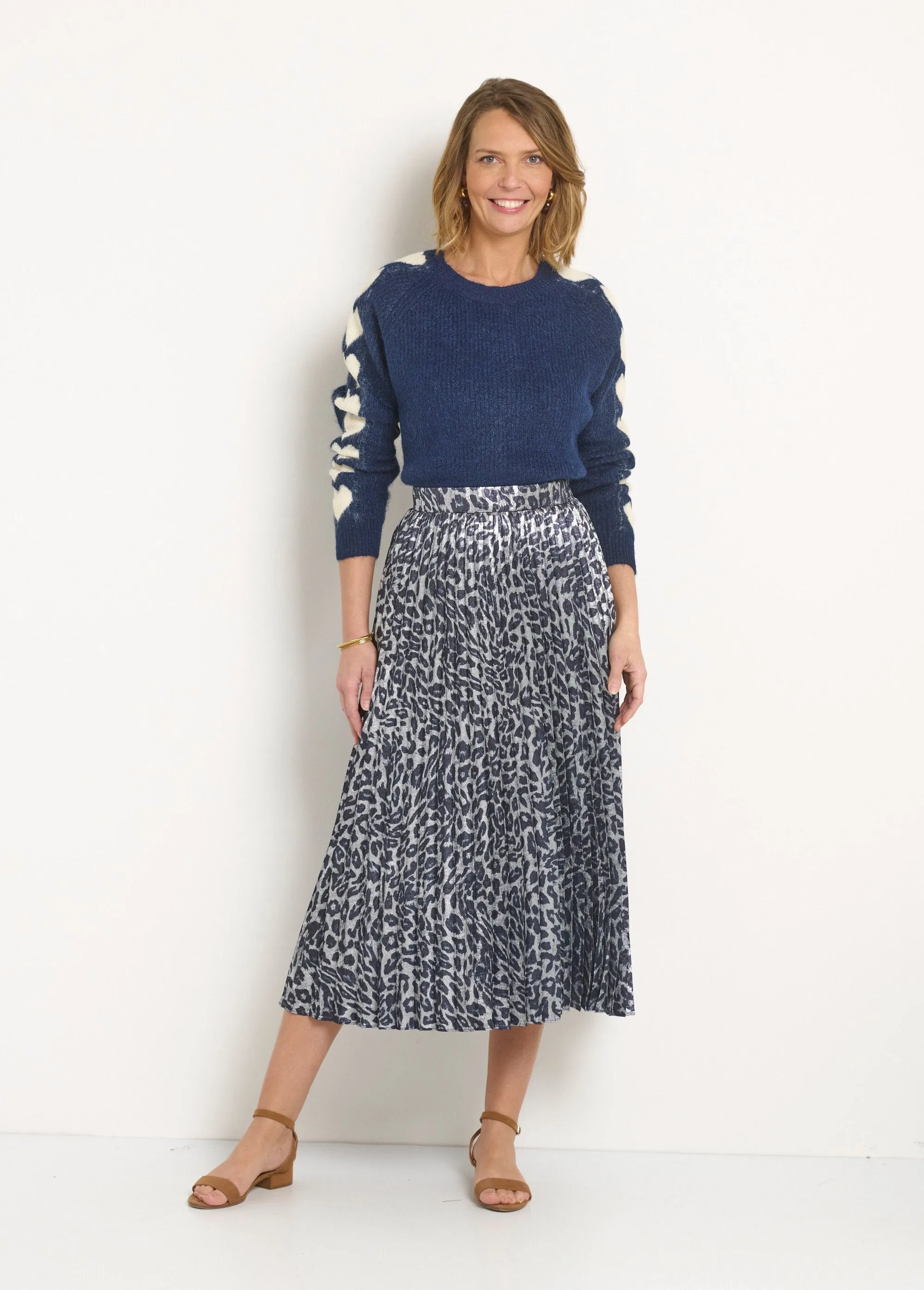 Metallic Leopard Pleated Long Skirt
